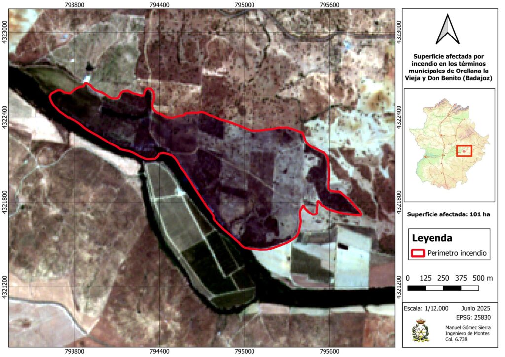 Mapa incendio forestal de la Dehesa Boyal de Orellana la Vieja MANUEL GÓMEZ