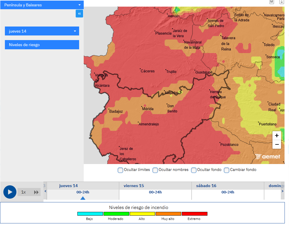 Mapa de riesgo de nivel de incendios según AEMET